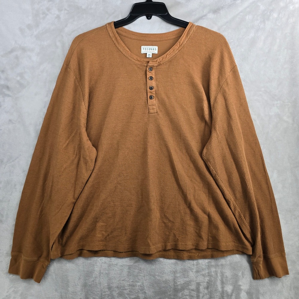 TECOVAS Mens Waffle Knit thermal Long Sleeve Henley Shirt Brown XXL
